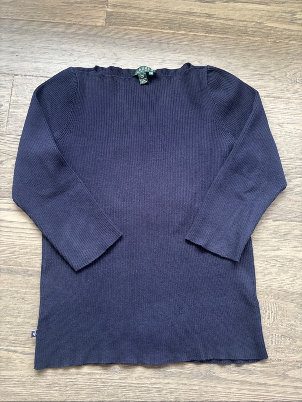 Lauren Ralph Lauren | Cotton Navy Ribbed Crew Neck Quarter Sleeve Sweater Medium